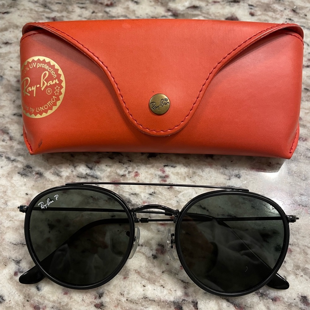 *polarized* 🕶RAY-BAN Round Double Bridge w Polished Black Frame